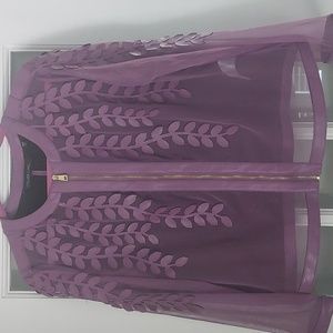 Colleen Lopez Mesh Leaf / Floral Faux Leather Jacket, Grape Purple, NEW